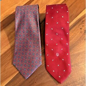 Christian Dior Tie Lot 2 Red Silk Designer Vintage Made USA Italy